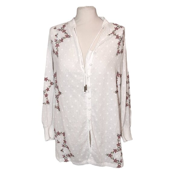 By Anthropologie White Gauzy Tunic Top Floral Embroidery Size XS Etherial Spring - Picture 1 of 8